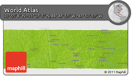 Physical Panoramic Map of the Area around 31° 11' 6" N, 88° 19' 29" W
