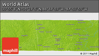 Physical Panoramic Map of the Area around 31° 11' 6" N, 88° 19' 29" W