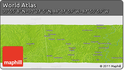 Physical Panoramic Map of the Area around 31° 11' 6" N, 88° 19' 29" W