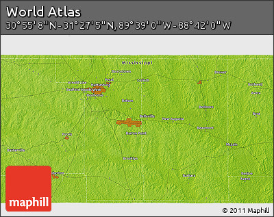 Physical 3D Map of the Area around 31° 11' 6" N, 89° 10' 30" W