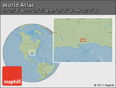 Savanna Style Location Map of the Area around 31° 11' 6" N, 89° 10' 30" W, hill shading