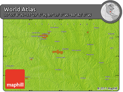 Physical Map of the Area around 31° 11' 6" N, 89° 10' 30" W