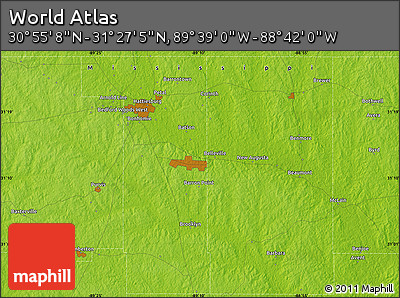 Physical Map of the Area around 31° 11' 6" N, 89° 10' 30" W