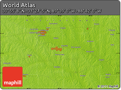 Physical Map of the Area around 31° 11' 6" N, 89° 10' 30" W