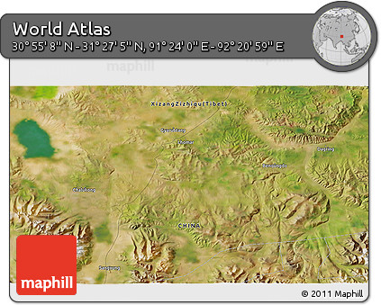 Satellite 3D Map of the Area around 31° 11' 6" N, 91° 52' 30" E