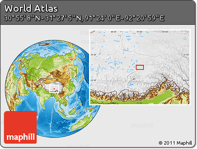 Physical Location Map of the Area around 31° 11' 6" N, 91° 52' 30" E