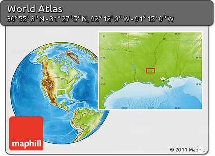 Physical Location Map of the Area around 31° 11' 6" N, 91° 43' 29" W