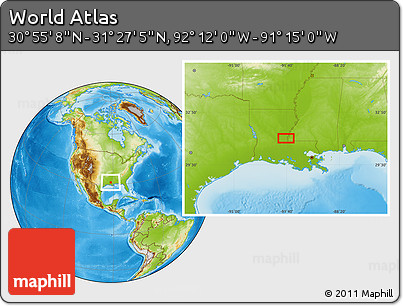 Physical Location Map of the Area around 31° 11' 6" N, 91° 43' 29" W