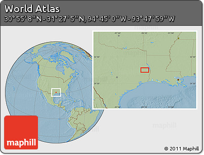 Savanna Style Location Map of the Area around 31° 11' 6" N, 94° 16' 30" W, hill shading