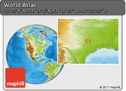 Physical Location Map of the Area around 31° 11' 6" N, 96° 49' 29" W