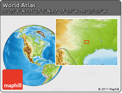 Physical Location Map of the Area around 31° 11' 6" N, 96° 49' 29" W