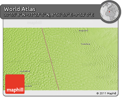 Physical 3D Map of the Area around 31° 11' 6" N, 9° 25' 30" E
