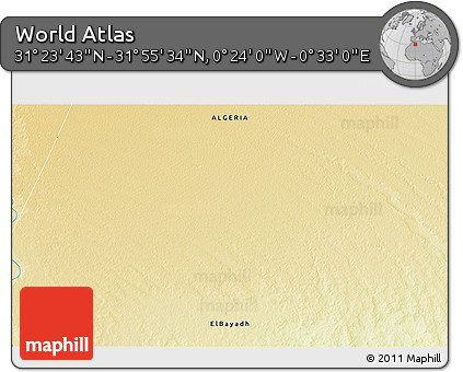 Physical 3D Map of the Area around 31° 39' 38" N, 0° 4' 30" E