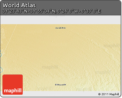 Physical 3D Map of the Area around 31° 39' 38" N, 0° 4' 30" E