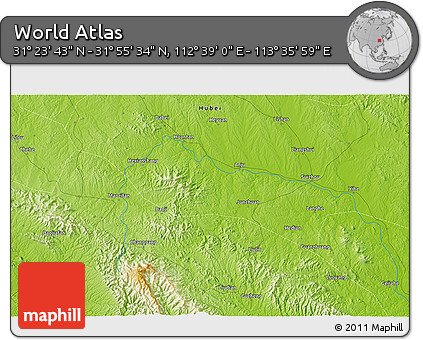 Physical 3D Map of the Area around 31° 39' 38" N, 113° 7' 30" E