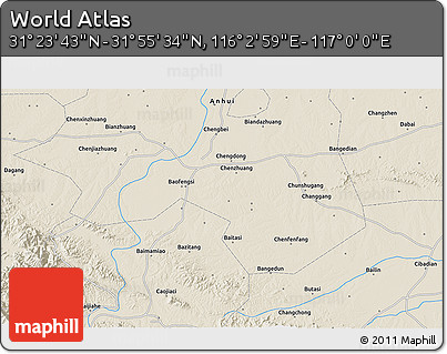 Shaded Relief 3D Map of the Area around 31° 39' 38" N, 116° 31' 30" E