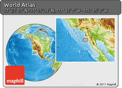 Physical Location Map of the Area around 31° 39' 38" N, 117° 13' 29" W