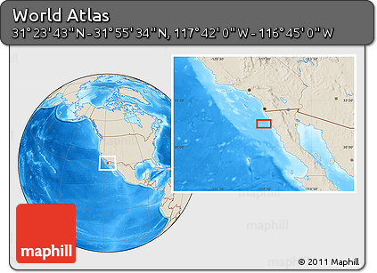 Shaded Relief Location Map of the Area around 31° 39' 38" N, 117° 13' 29" W