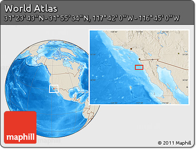Shaded Relief Location Map of the Area around 31° 39' 38" N, 117° 13' 29" W