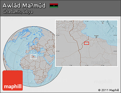 Gray Location Map of Awlād Maḩmūd, hill shading