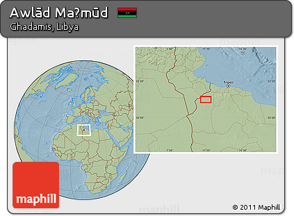 Savanna Style Location Map of Awlād Maḩmūd, hill shading