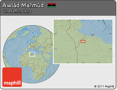 Savanna Style Location Map of Awlād Maḩmūd, hill shading