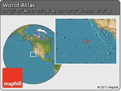 Satellite Location Map of the Area around 31° 39' 38" N, 123° 10' 30" W