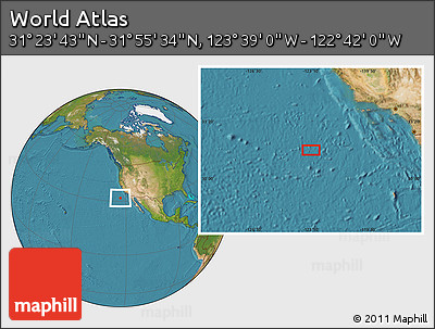 Satellite Location Map of the Area around 31° 39' 38" N, 123° 10' 30" W