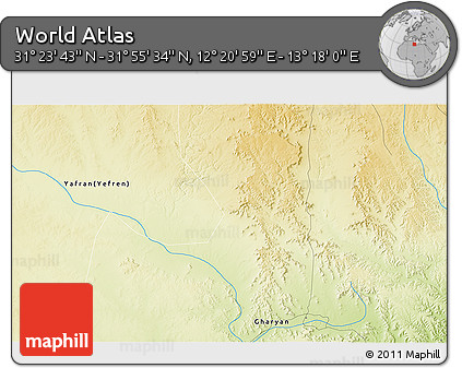 Physical 3D Map of the Area around 31° 39' 38" N, 12° 49' 29" E