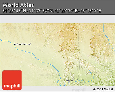 Physical 3D Map of the Area around 31° 39' 38" N, 12° 49' 29" E