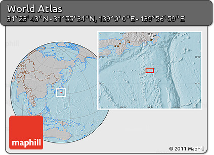 Gray Location Map of the Area around 31° 39' 38" N, 139° 28' 29" E, hill shading