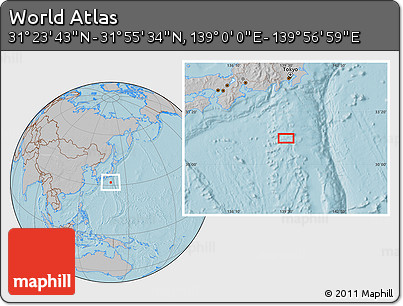 Gray Location Map of the Area around 31° 39' 38" N, 139° 28' 29" E, hill shading