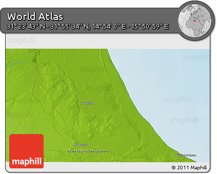 Physical 3D Map of the Area around 31° 39' 38" N, 15° 22' 30" E