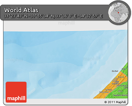 Political 3D Map of the Area around 31° 39' 38" N, 34° 4' 30" E