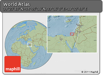 Savanna Style Location Map of the Area around 31° 39' 38" N, 34° 4' 30" E, hill shading