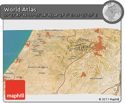 Satellite 3D Map of the Area around 31° 39' 38" N, 34° 55' 29" E