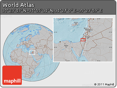 Gray Location Map of the Area around 31° 39' 38" N, 34° 55' 29" E, hill shading