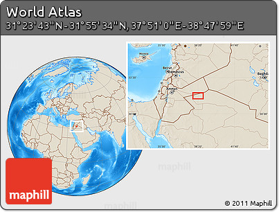 Shaded Relief Location Map of the Area around 31° 39' 38" N, 38° 19' 30" E
