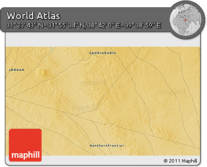 Physical 3D Map of the Area around 31° 39' 38" N, 39° 10' 29" E