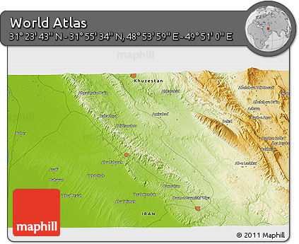 Physical 3D Map of the Area around 31° 39' 38" N, 49° 22' 30" E