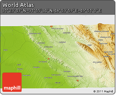 Physical 3D Map of the Area around 31° 39' 38" N, 49° 22' 30" E