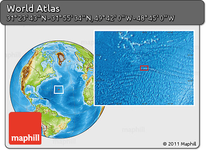 Physical Location Map of the Area around 31° 39' 38" N, 49° 13' 30" W