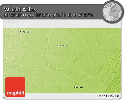 Physical 3D Map of the Area around 31° 39' 38" N, 4° 19' 30" E