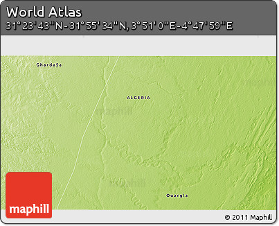 Physical 3D Map of the Area around 31° 39' 38" N, 4° 19' 30" E