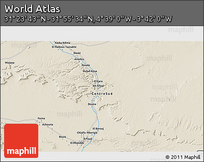 Shaded Relief 3D Map of the Area around 31° 39' 38" N, 4° 10' 30" W