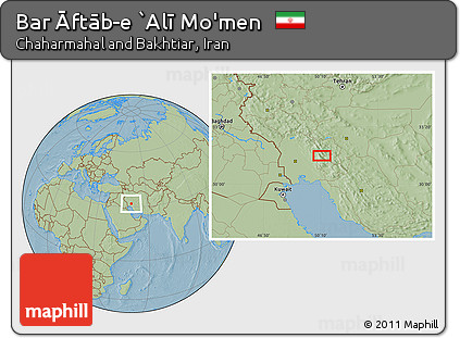 Savanna Style Location Map of Bar Āftāb-e `Alī Mo'men, hill shading