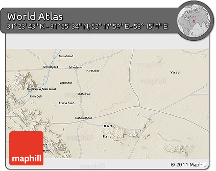 Shaded Relief 3D Map of the Area around 31° 39' 38" N, 52° 46' 29" E