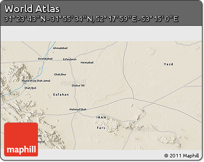 Shaded Relief 3D Map of the Area around 31° 39' 38" N, 52° 46' 29" E
