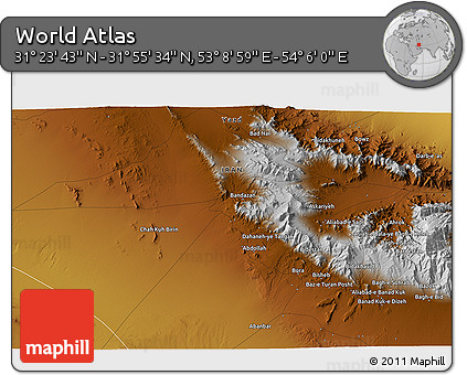 Physical 3D Map of the Area around 31° 39' 38" N, 53° 37' 30" E