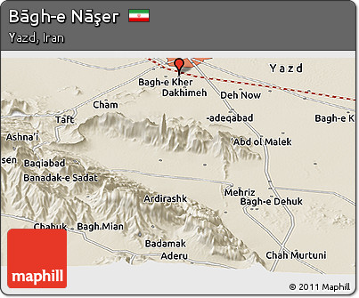 Shaded Relief Panoramic Map of Bāgh-e Nāşer